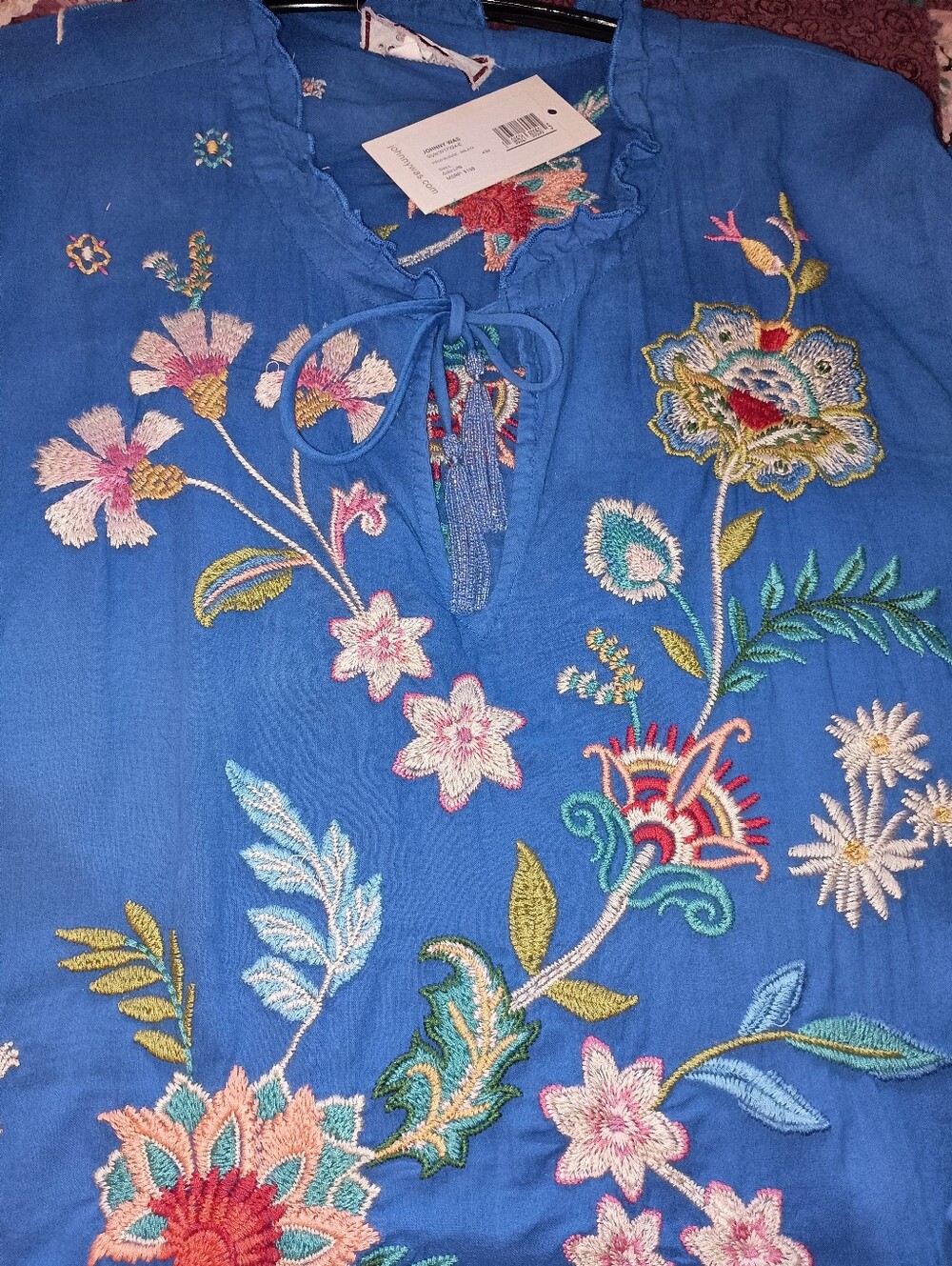 Size L Johnny Was Lapis Blue embroidered Malaya Cotton Field Blouse Peasant Top - Picture 8 of 9